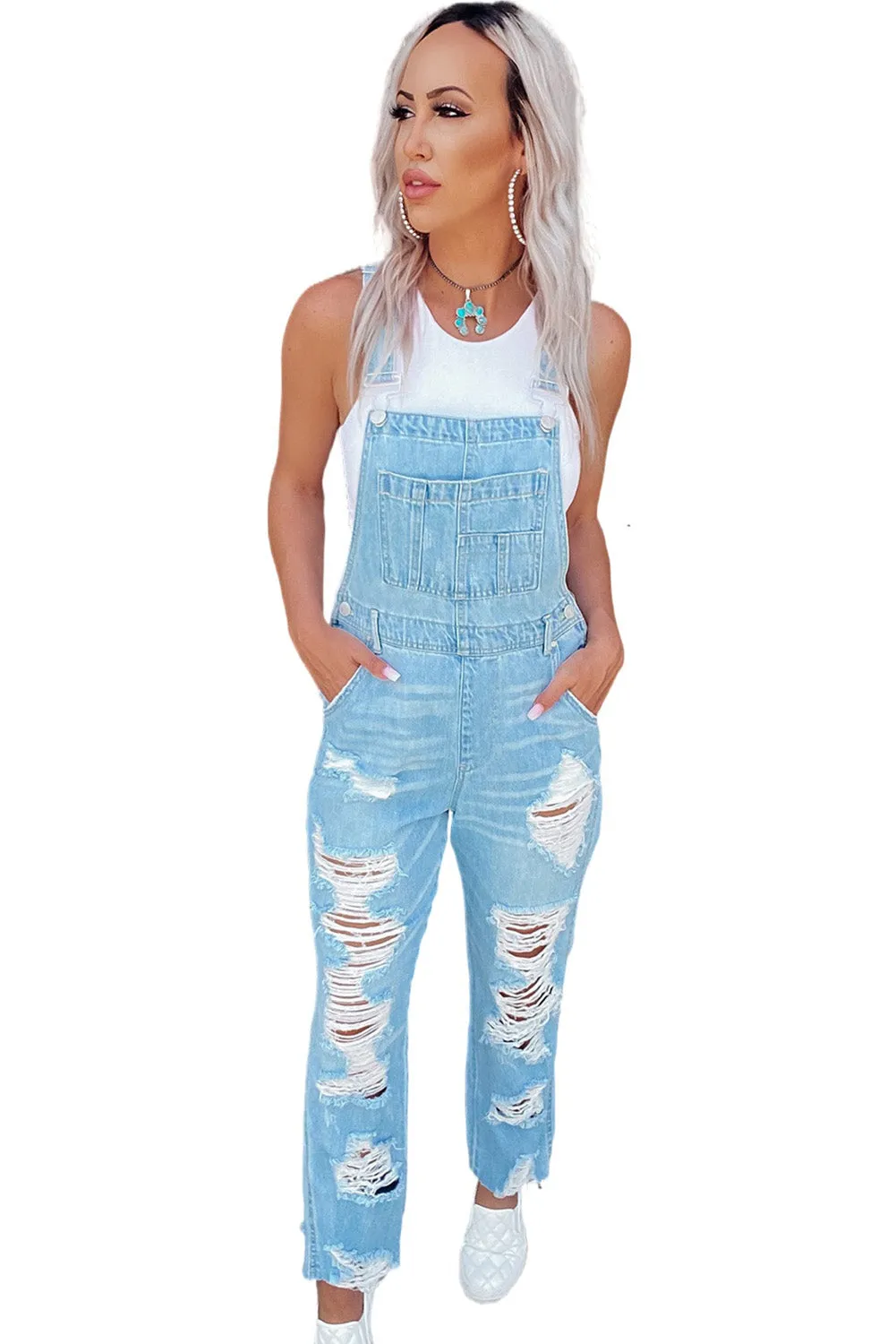 Sky Blue Constructed Bib Pocket Distressed Denim Overalls