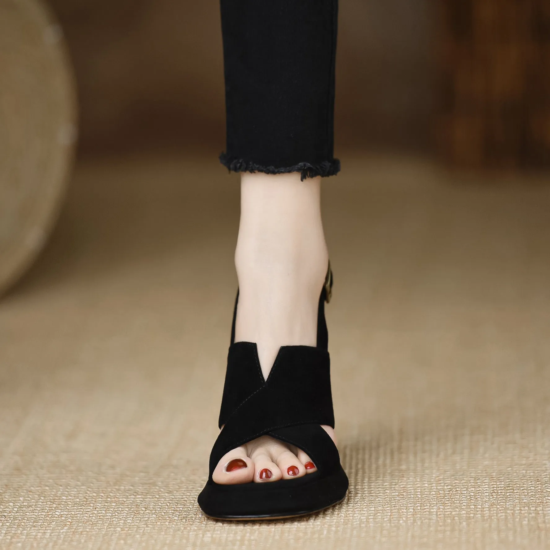 Summer Matte Leather Versatile Open Toe Black Sandals