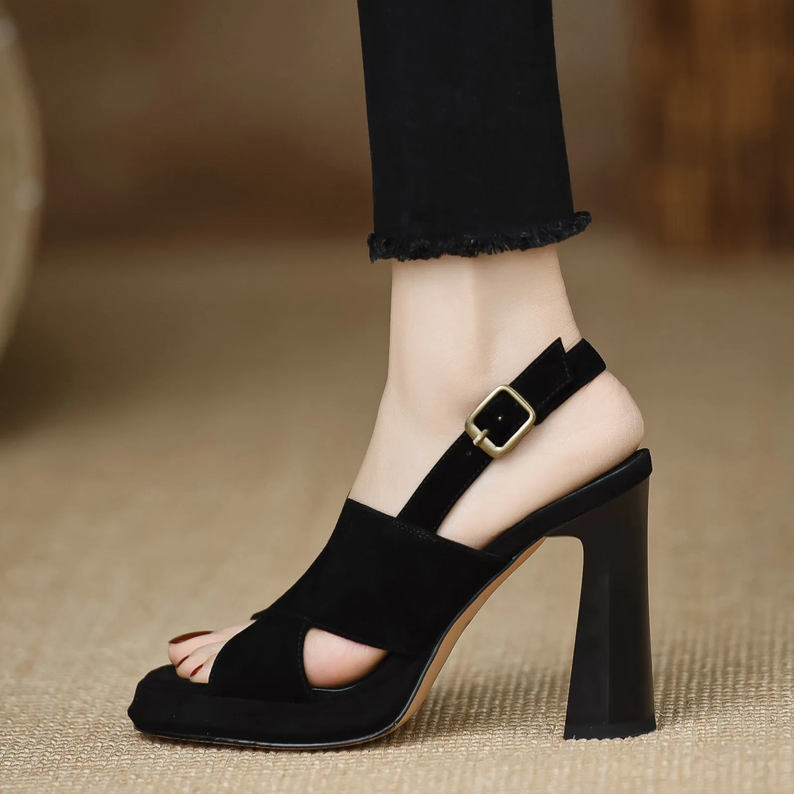 Summer Matte Leather Versatile Open Toe Black Sandals
