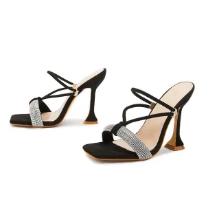Summer New Fashion Open toe Wine Glass High Heel Square Head Rhinestone Slide Sandals