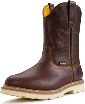 SUREWAY Mens 10 in Soft/Steel Toe Waterproof Wellington Boot,Heavy Duty Pull On Work Boots for Men,Full Grain Leather,Goodyear Welted,Superior Slip Resistant,Waterproof Soft Toe Dark Brown,Size 10