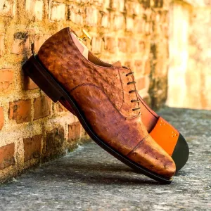 Tan Ostrich Print Leather Baiyer Lace Up Toe cap Oxfords