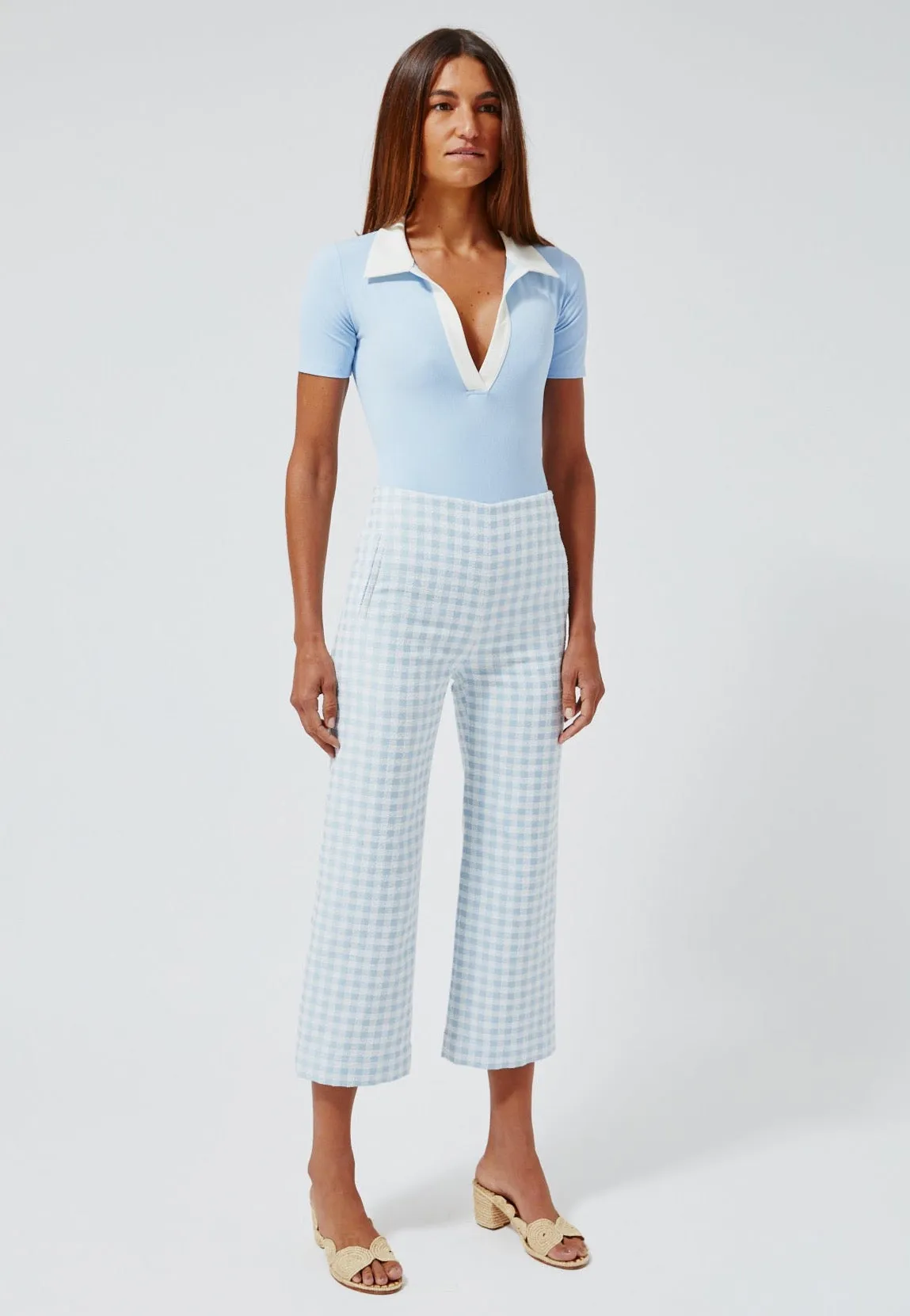 THE STRAIGHT LEG TROUSER in VINTAGE BLUE GINGHAM BOUCLE COTTON