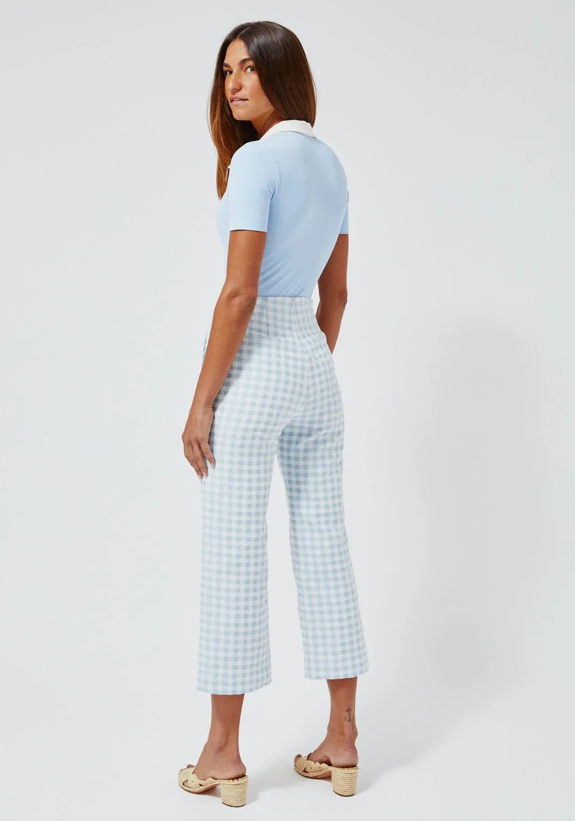 THE STRAIGHT LEG TROUSER in VINTAGE BLUE GINGHAM BOUCLE COTTON