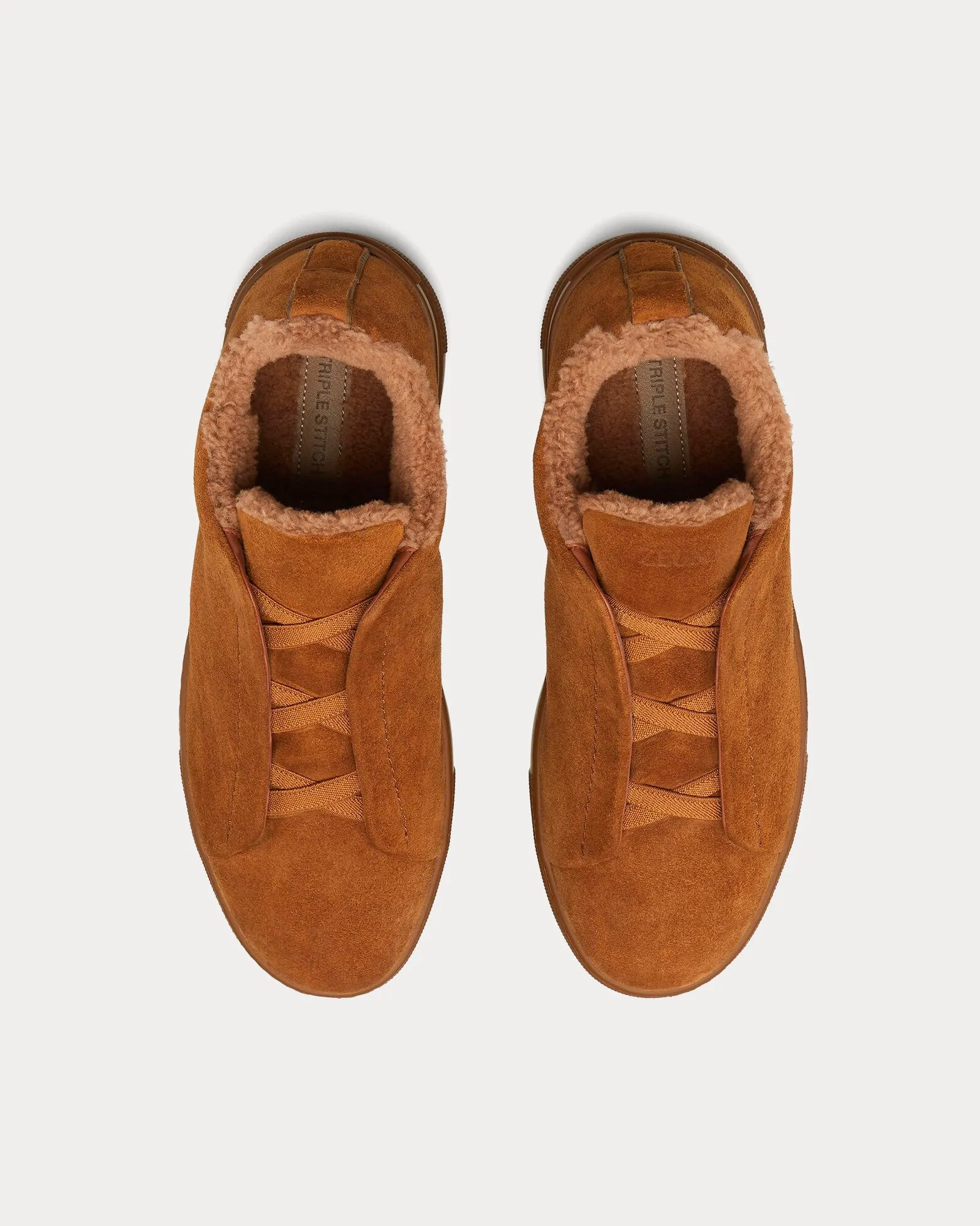 Triple Stitch Suede & Shearling Light Brown Slip On Sneakers