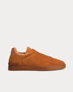 Triple Stitch Suede & Shearling Light Brown Slip On Sneakers