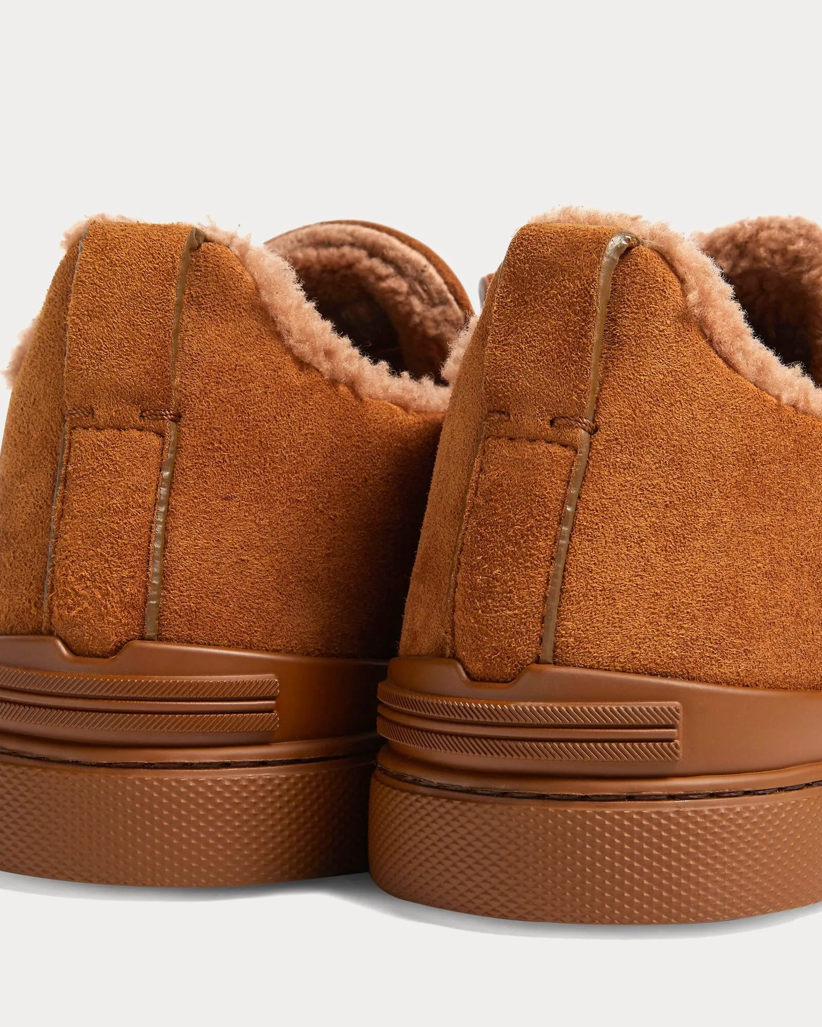 Triple Stitch Suede & Shearling Light Brown Slip On Sneakers