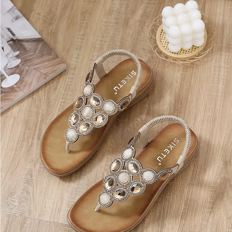 vanccy  Sandals Bohemian Rhinestone Comfortable  Holiday Shoes BS03