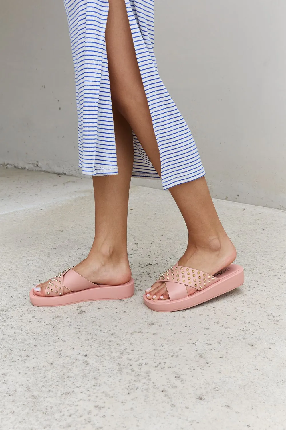 Vegan Leather Studded Cross Strap Sandals in Blush