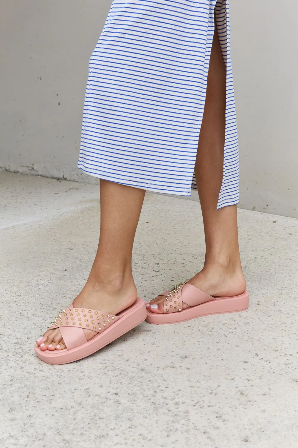 Vegan Leather Studded Cross Strap Sandals in Blush