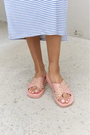 Vegan Leather Studded Cross Strap Sandals in Blush
