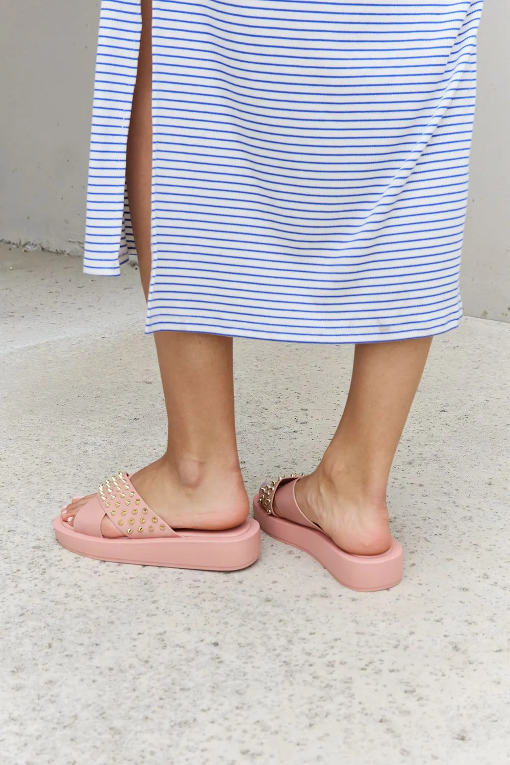 Vegan Leather Studded Cross Strap Sandals in Blush