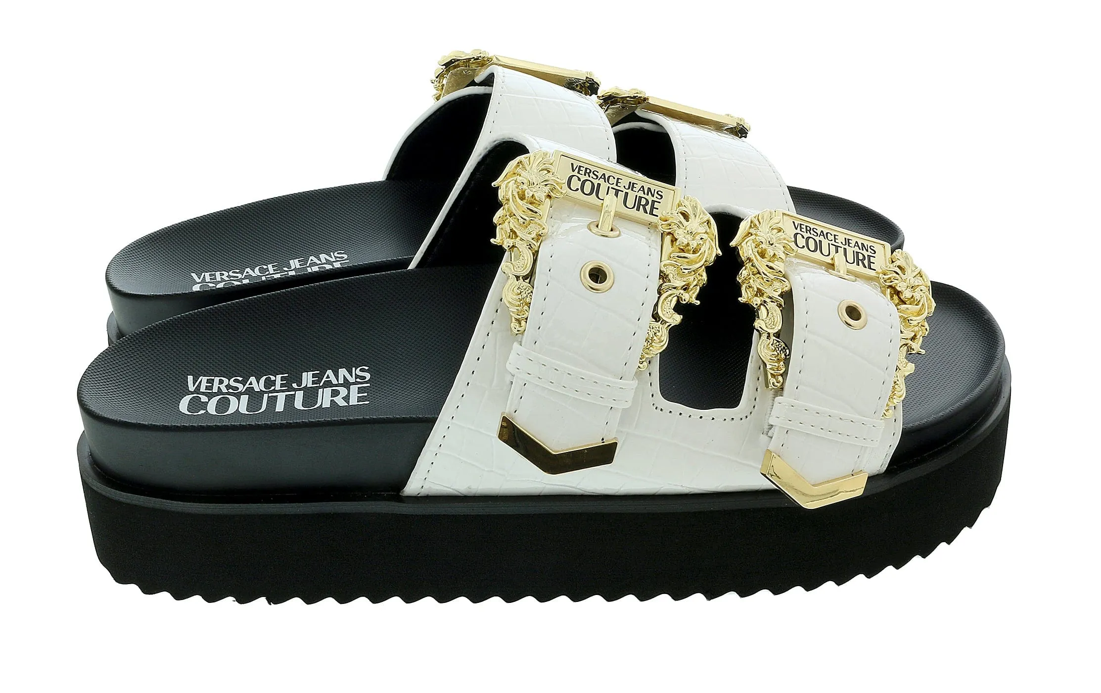 Versace Jeans Couture White Baroque Buckle Beach Sandal -