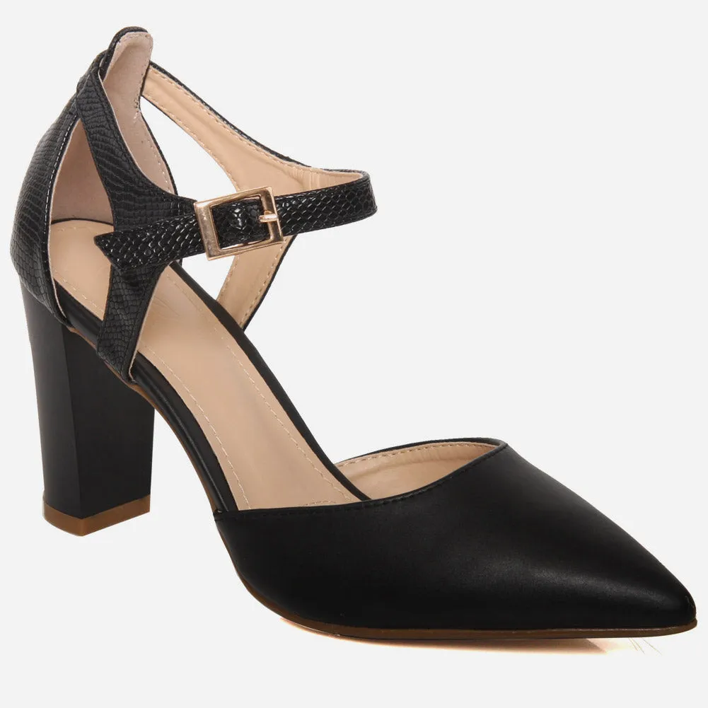 Women “PANSY” Closed Pointed Toe Block Heel Ankle Strap Courts
