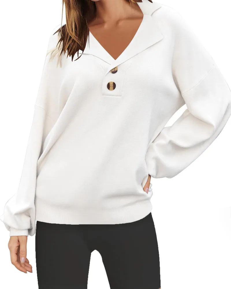Zeagoo Women V Neck Sweater Lantern Sleeve Drop Shoulder Oversized Henley Knit Pullover Tops S-XXL