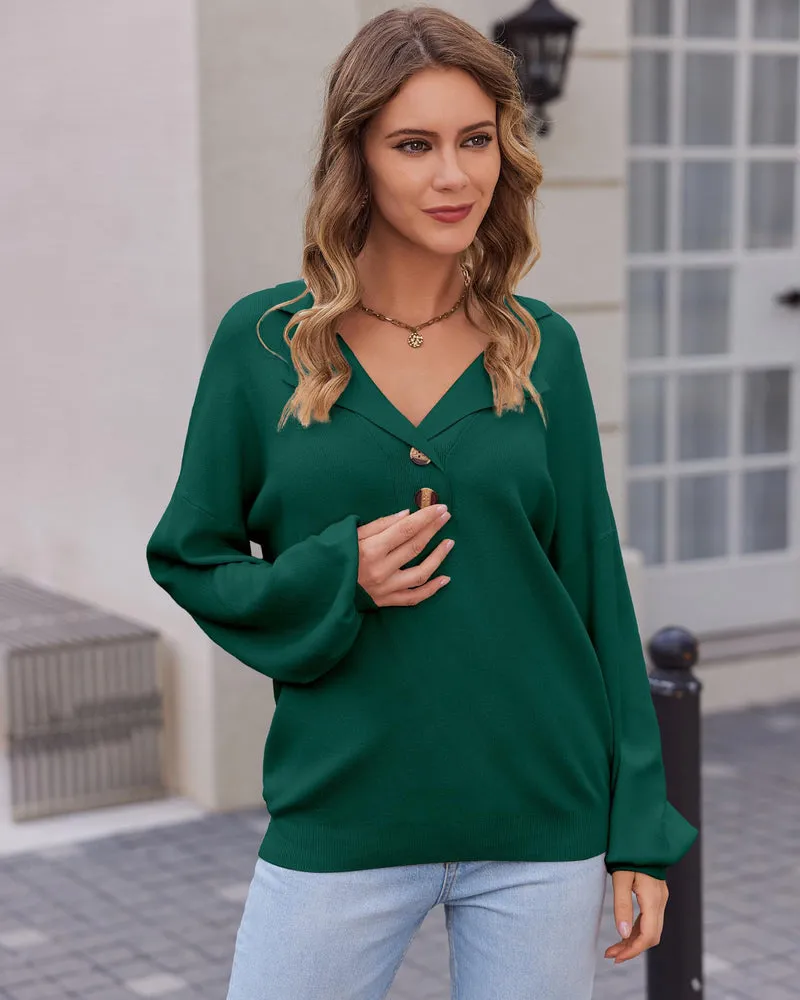 Zeagoo Women V Neck Sweater Lantern Sleeve Drop Shoulder Oversized Henley Knit Pullover Tops S-XXL