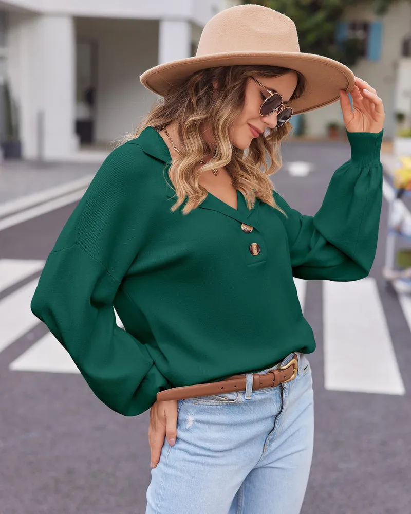 Zeagoo Women V Neck Sweater Lantern Sleeve Drop Shoulder Oversized Henley Knit Pullover Tops S-XXL