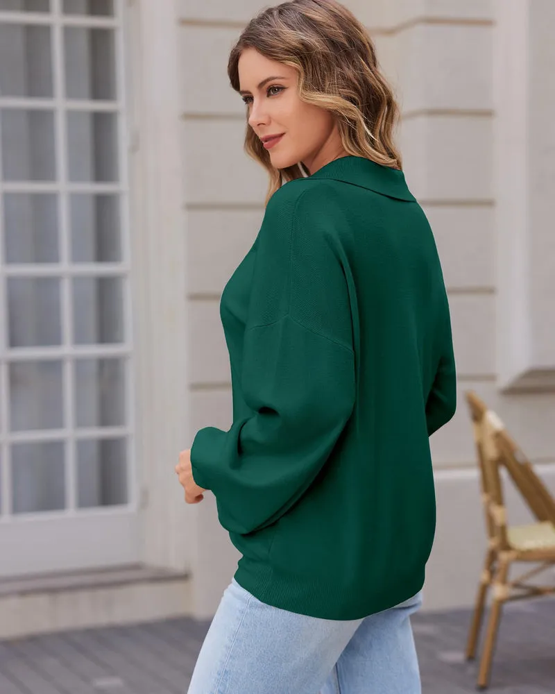 Zeagoo Women V Neck Sweater Lantern Sleeve Drop Shoulder Oversized Henley Knit Pullover Tops S-XXL