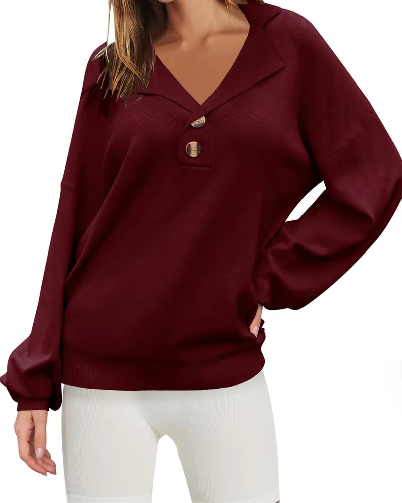 Zeagoo Women V Neck Sweater Lantern Sleeve Drop Shoulder Oversized Henley Knit Pullover Tops S-XXL