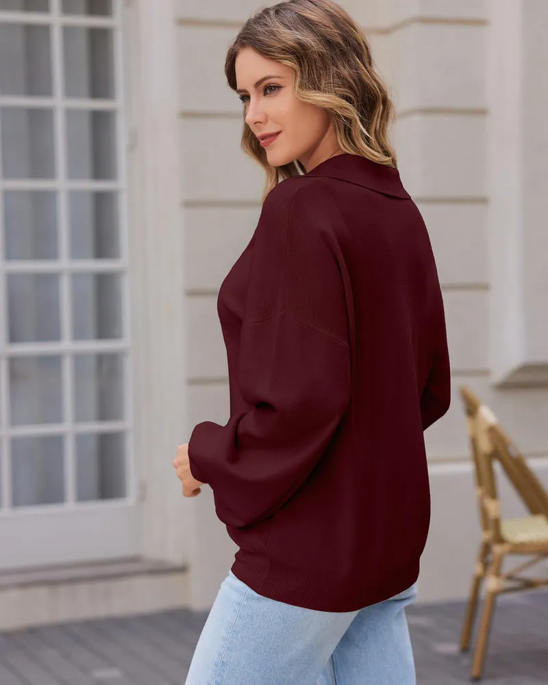 Zeagoo Women V Neck Sweater Lantern Sleeve Drop Shoulder Oversized Henley Knit Pullover Tops S-XXL