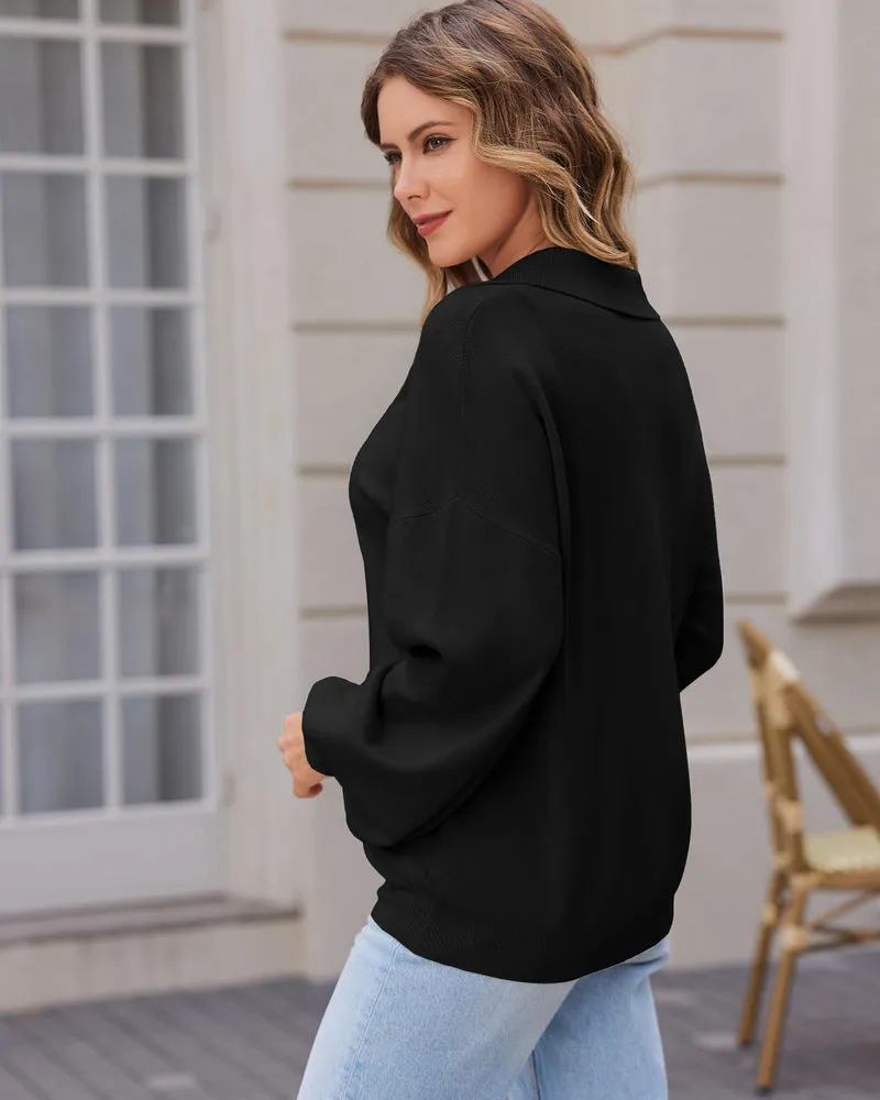 Zeagoo Women V Neck Sweater Lantern Sleeve Drop Shoulder Oversized Henley Knit Pullover Tops S-XXL
