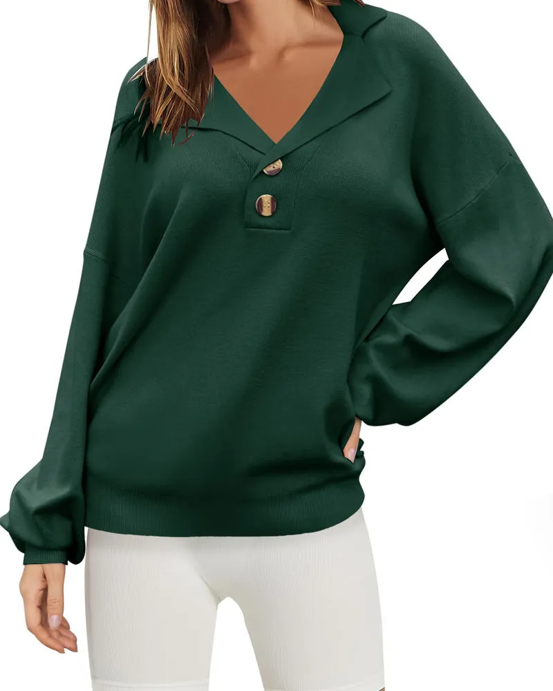 Zeagoo Women V Neck Sweater Lantern Sleeve Drop Shoulder Oversized Henley Knit Pullover Tops S-XXL